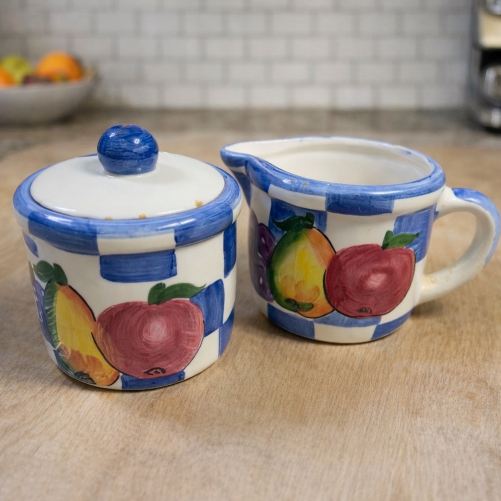 Tabletops Unlimited Hand Painted Fruit Creamer Sugar Bowl Blue Checkered Set